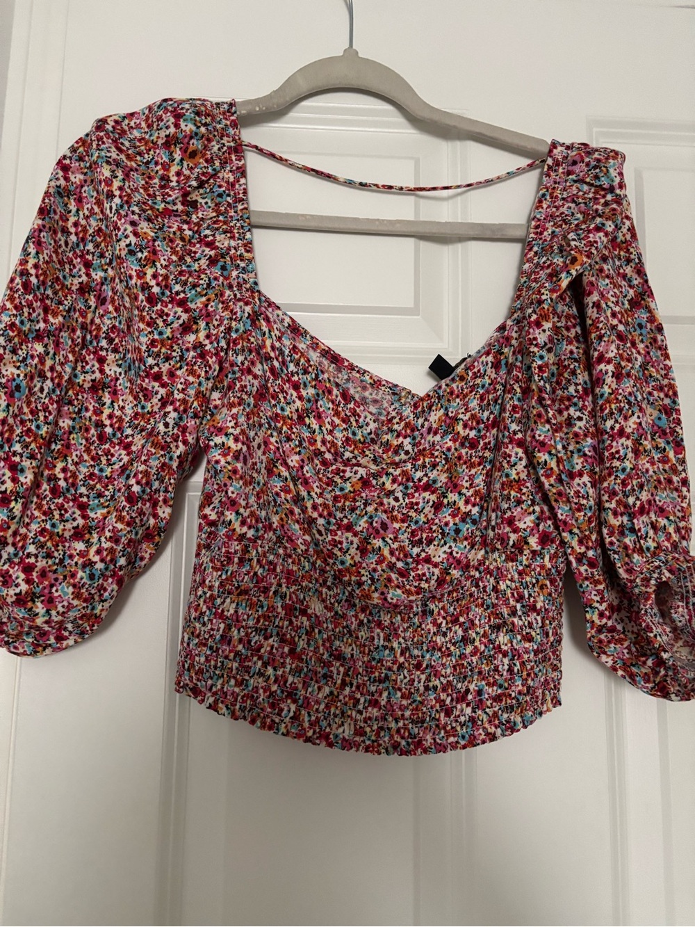 AFRM Pink Multi Floral Smocked Peasant Blouse with Puff Sleeves